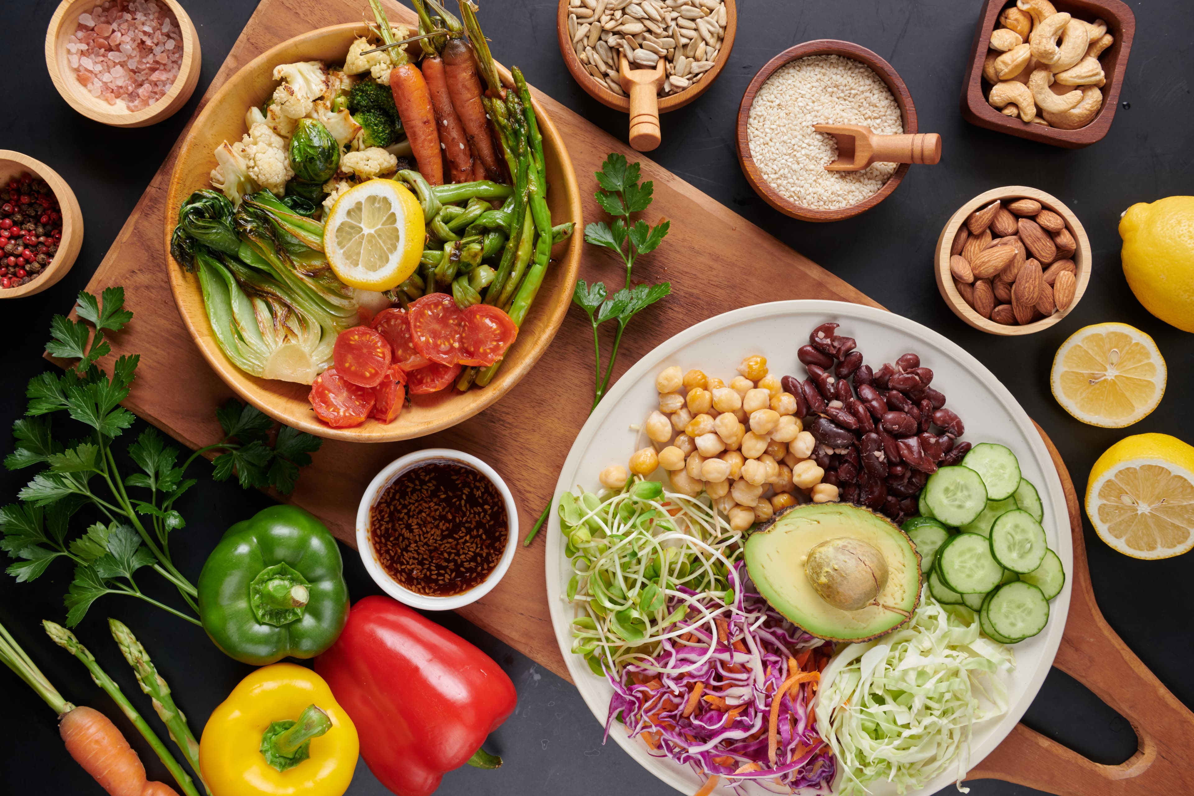 Fresh meal planning ingredients and bowls